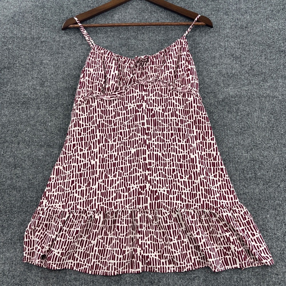 Y2K Trixxi Mini Dress Womens XL Maroon White Pattern Ruffle Hem Smocked Boho